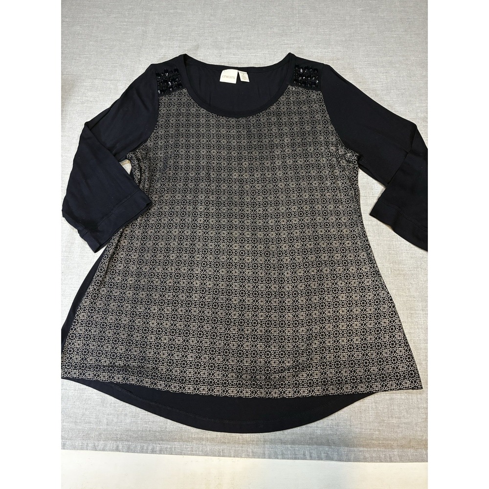 Chico's Women's Large (2) Blue Gold Geometric Pattern Tunic Top Blouse Jewels